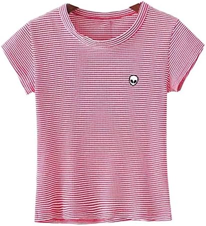 Chicnova Women Cute Alien T Shirt Short Sleeve Red Striped Casual Tee Tops