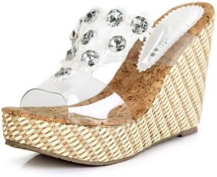 Kvoll Women's Resin Platform Wedge Slippers with Rhinestones,White,39
