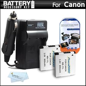 2 Pack Battery And Charger Kit For Canon Powershot A2300 Digital Camera Includes 2 Extended Replacement (900Mah) NB-11L Batteries + Ac/Dc Rapid Travel Charger + LCD Screen Protectors + MicroFiber Cleaning Cloth