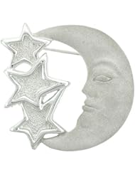 Sterling Silver Crescent Moon and Stars Brooch Pin, 1 5/8 inch wide