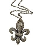 Antique Brass Finished Fleur De Lis Pendant Necklace & Earring Set - LOOONG 28' Chain
