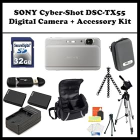SONY Cyber-Shot DSC-TX55 + Accessory Kit. Includes: 32GB Memory Card, Memory Card Reader, 2 Extended Life Replacement Batteries, Rapid Travel Charger, Gripster Tripod, LCD Screen Protectors, Cleaning Kit & Much More!