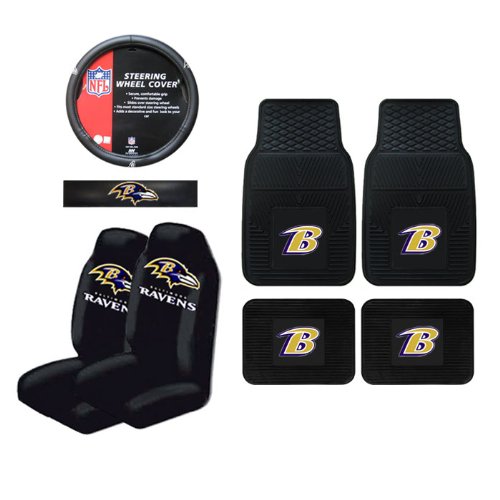 A Set of 4 NFL Universal Fit Front All-Weather Floor Mats and A Set of 2 Universal Fit Seat Covers and 1 Steering Wheel Cover - Baltimore Ravens