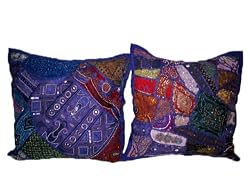 2 Ao Blue Embroidery Mirror Works Indian Decorative Cotton Pillow Cushion Case India 16x16 Free Shipping