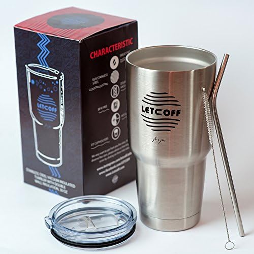 SPECIAL PRICE - Premium Quality Tumbler By Letcoff - 18/8 Stainless Steel - Sliding Lids- 30 Oz Enjoy Your Hot Coffee, Tea &amp; Beverages with Thermos Cup On The Go! Bonus(Steel Straw 8" and Brush)