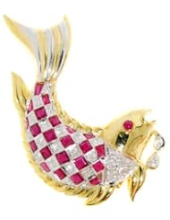 Genuine Ruby Fish Brooch/Pin Gemstone 18K Yellow Gold Diamond [I_007]