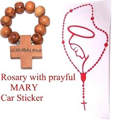 Large Transparent Rosary with Blessed Mother Mary sticker for your car ( 18 x 9 cm - 7 x 3.5 inches) + Olive wood Finger Rosary from Bethlehem