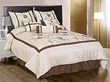 7 Pieces Beige, Brown, with Green Embroidery Water Lily Comforter Set Bed-i ....