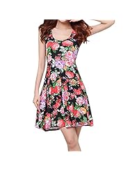 Spring Summer Fitted Pleated Vintage Polyester Fit-and-Flare Scoop Neck Knee Length Floral Print Sleeveless Tank Club Dress/Party Dress 