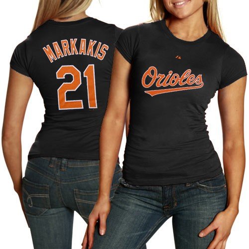 Majestic Baltimore Orioles #21 Nick Markakis Ladies Black Player T-shirt (Large)