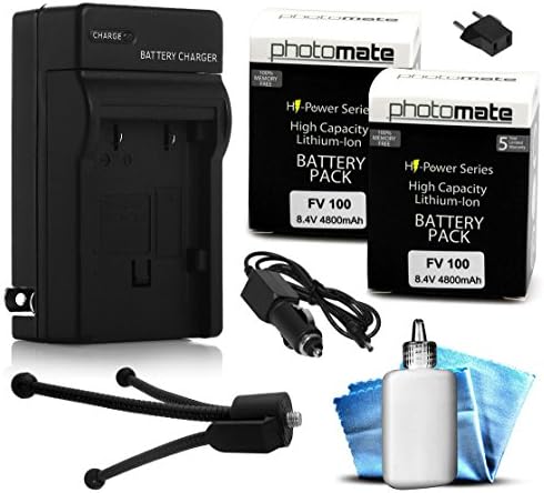 (2 Pack) PhotoMate NP-FV100 FV100 Ultra High Capacity Rechargeable Battery (4800mAh) + Rapid Home AC Wall Charger + Car Adapter + Euro Plug + Cleaning Kit + Mini Tripod for Sony HDR-SX45, HDR-SX85, HDR-XR260V, HDR-CX190, HDR-CX190, HDR-CX200, HDR-CX210, HDR-CX220, HDR-CX230, HDR-CX260V, HDR-CX290, HDR-CX380, HDR-CX580V, HDR-CX760V, HDR-PJ200, HDR-PJ260V, HDR-PJ380, HDR-PJ580V, HDR-PJ710V, HDR-PJ760V, HDR-TD20V, HDR-VG20, NEX-VG30, NEX-VG900, DEV-50V Camcorder / Video Camera