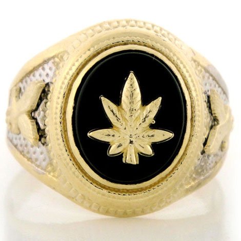 10K Two-Tone Gold Onyx Mens Ring w/ Marijuana & Eagle