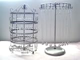 2 Pc Pewter~Antique Silver Metal Rotating Necklace & Earring Stand~Organizer~Holder~Jewelry Tree Com