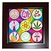 Framed Tile of 60s Icons on Rainbow Swirl (Peace Symbol, Love Sign, Mushroom, Lava La...