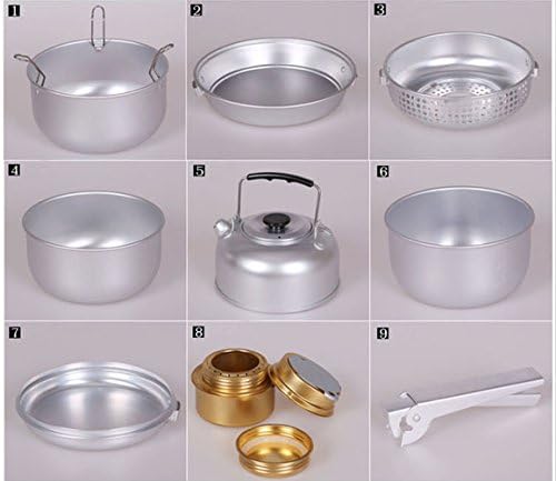 Rykey Outdoor Picnic Tableware Hard Aluminum Cookware Set Silvery (9 Pices)