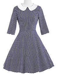 Cotton Vintage Elbow Length Sleeves Polka Dot Print  Dress