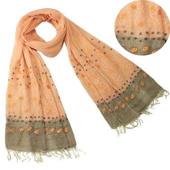 100% Cotton Embroidered Polka Dots Tassels Ends Long Scarf - Various Colors