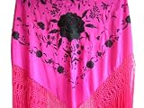 Stylish Silk Piano Shawl Pink with Black Flamenco Floral Embroidery & Fringe