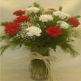 One Dozen White and Red Carnations, Arranged with Fillers and Christmas Greens.