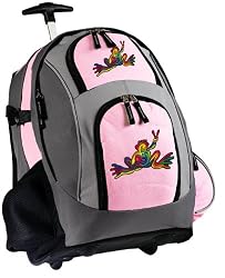 Peace Frogs Rolling Backpack Deluxe Pink Super Cool - Backpacks Bags with Wheels or School Trolley Carry-On Bags - Unique Wheeled Gifts for Girls Ladies- CUTE!