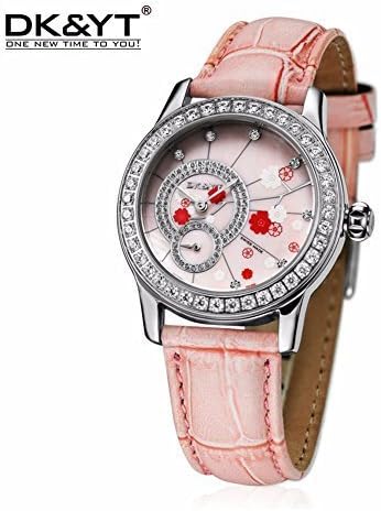 Foxqueena-037 Pink Genuine Leather Stainless Steel Case Woman Female Wrist Watches with Rhinestones
