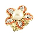 Vintage Style Matte Gold Color Fashion Stretch Ring With Flower Design with Coral Stones, Small White Crystals and Simulated Pearl in Center- One Size Fits most