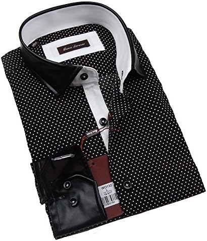 Giannia Lorenzo Mens Polka Dot Shirt with Black Faux Leather Collar and Cuff (Medium)