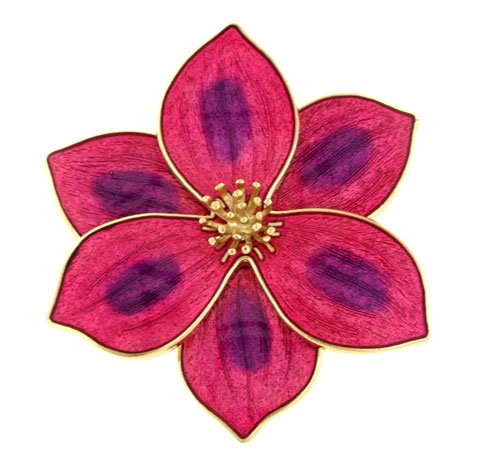 Hand enameled clematis flower brooch