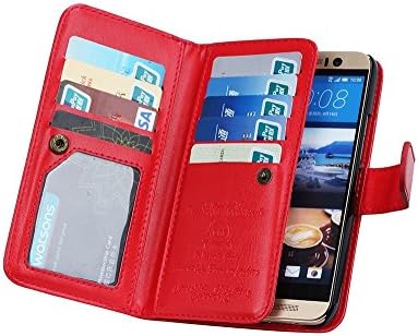 HTC One M10 Multi-Function Phone Wallet Case , TaoFilm Pro Premium PU Leather Wallet Bag Case [2 in 1 Magnetic Detachable Back Cover Flip] [ 9 Card Slots] [Wrist Strap] For HTC One M10 (Red)