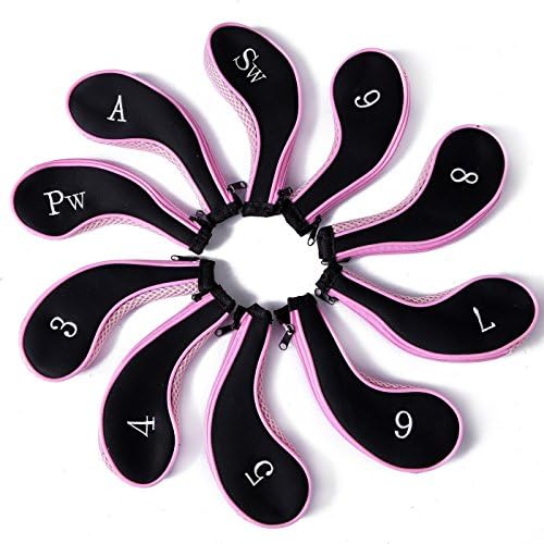 (Pack of 10) MAXZOLA® Neoprene Zippered Golf Club Iron Head Covers,Golf Head Covers (Black-Pink)