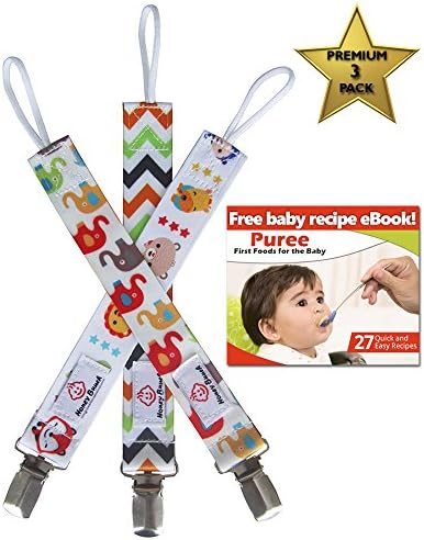 Pacifier Clip By Honey Bunch - 3 Pack - Double Sided Unisex Design - Functional &amp; Stylish For Girls and Boys - Baby Shower Gift Set With FREE Baby Puree Recipe eBook!
