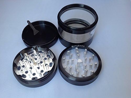 Herb Grinder-Your Daily Grinder-New Clear Top 4 Parts 2.5" wide 3 1/8 "tall-Large Transparent 3rd piece for Storage with Pollen Catcher-Best Used w/ dry Herb,Spice,Tobacco,Coffee Etc.-Cool Luxury Style Aluminum in BLACK-FREE Scraper-Lifetime Warranty