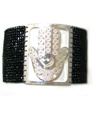 Mishky Sterling Silver "Hamsa Hand" Black Mesh Glass Seed Beaded Cuff Bracelet with Filigree Plaque