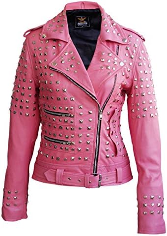 Women Pink Studs Spike Studded Genuine Leather Jacket 2XL Pink