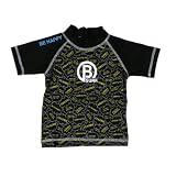 男の子キッズ[BossPerson(ボスパーソン)]ロゴプリント入りキッズ用ZIP半袖ラッシュガード◇黒-黄-120