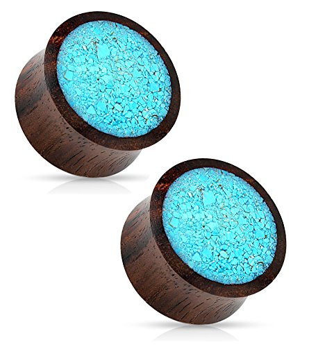 Crushed Turquoise Organic Wood Saddle Fit Plugs Ear Gauges - Sold As Pair