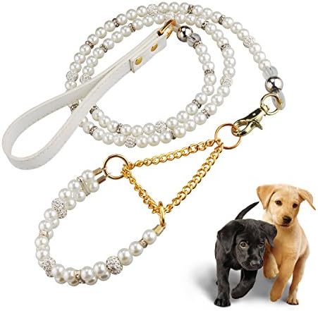 Fashion Dog Cat Leash and Collar Set with Pearls and Beads