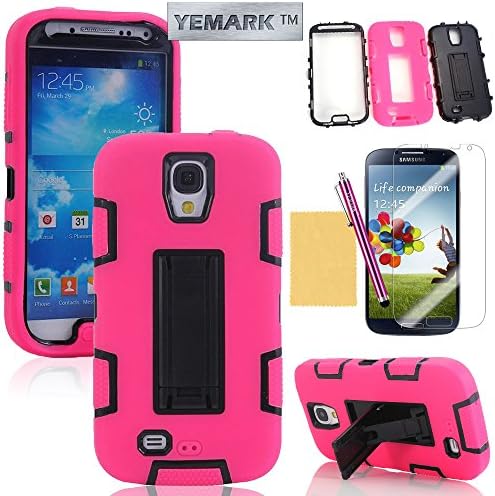 S4 Cover, S4 Back Cover,YEMARK(TM) Fashion 3IN1 Hybrid High Impact Bumper Slim Back Protective Case Cover[with Folding Kick-Stand Design] For Samsung Galaxy S4 i9500[+Stylus+Screen Protector+Cleaning Cloth]-(Pink + Black), Samsung Galaxy S4 Case