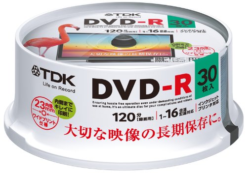 TDK 録画用DVD-R デジタル放送録画対応(CPRM) 1-16倍速 インクジェットプリンタ対応(ホワイト・ワイド) 30枚スピンドル DR120DPWC30PU