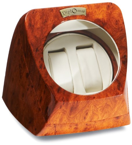 Diplomat Burl Wood Double Watch Winder with Off-White Leather Interior and 4 Program Settings