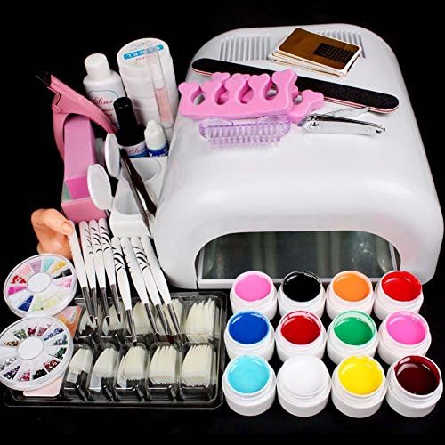 25 in 1 Professional Nail Art Set 12 Color Pure Solid Uv Gel Brush Buffer Tool Nail Tips Glue Super Kit Uv 36w 110v Us Plug Lamp Dryer