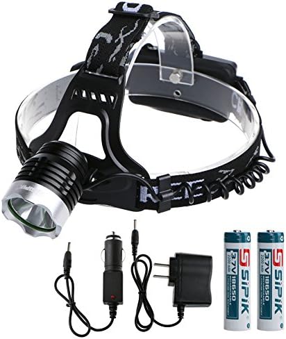 Sipik sk-017 LED Headlamp Flashlight - 3 Light-Modes; high, low, flash &amp;2 X 18650 Rechargeable Batteries