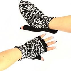 Winter Wool SnowFlake Flip Fingerless Snug Gloves Black with White