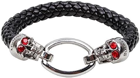 Mens bracelet hard silver alloy [G-premium] black braided leather (skull / redeye)