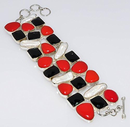 Carat9 Red Coral Faceted Spinel Biwa 925 Sterling Silver Plated Bracelet