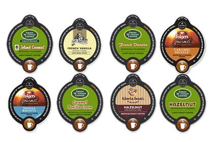 40 Count - Flavored Coffee VUE Cups Variety Pack (GM Island Coconut, Folgers Caramel Drizzle, Van Houtte French Vanilla, GM Caramel Vanilla Cream, GM Hazelnut, GM French Vanilla, Folgers Vanilla Biscotti & Gloria Jean's Hazelnut)
