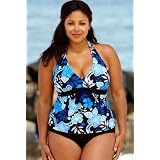 Beach Belle Beach Belle Blue Maui Plus Size Halter Tie Front Tankini - Plus Size Swimwear Plus Size Swimsuits