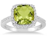 Cushion Cut Peridot and Diamond Ring 14K White Gold