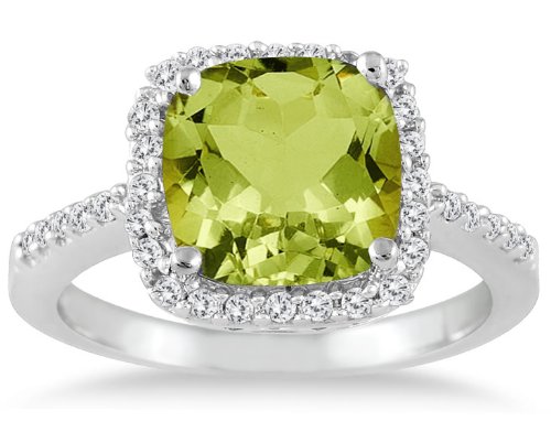Cushion Cut Peridot and Diamond Ring 14K White Gold