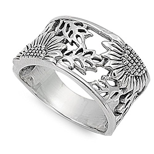 Sterling Silver Women's Sunflower Ring Flower 925 Wide Band 14mm Sizes 5-10